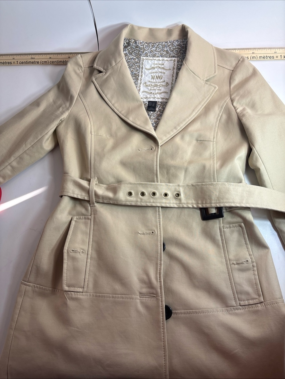 Vintage Mango Beige Trench Coat Features A Matching Grommet Belt